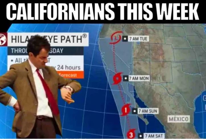 Mr. Bean looking at his watch, waiting for Hurricane Hilary
