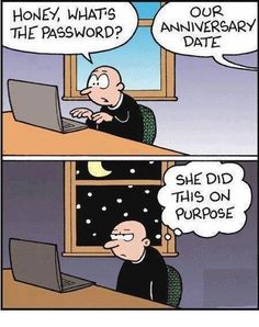 Cartoon of a man asking his wife the password, she replies it's their anniversary